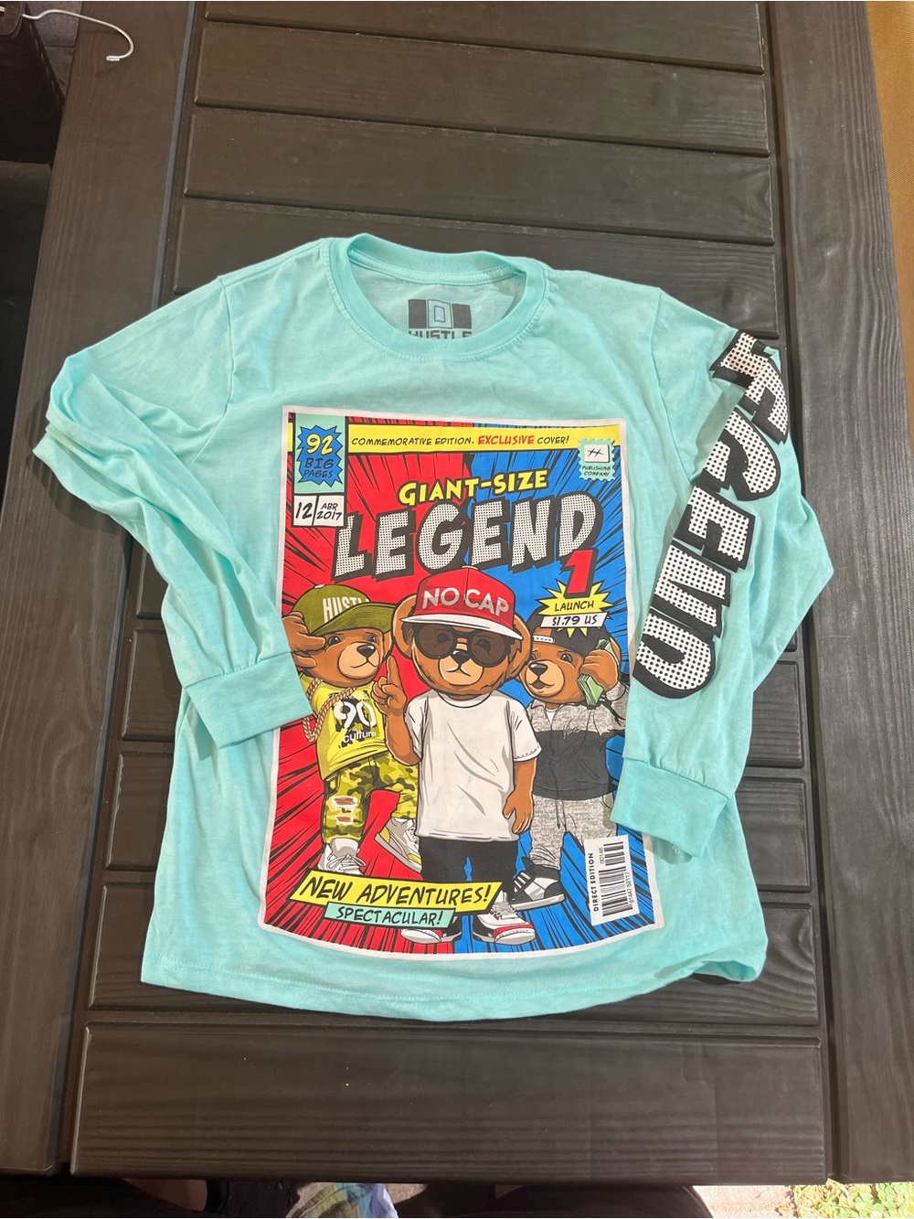 Hustle unisex  'Legend' Graphic Long Sleeve Tee - Aqua size medium 10/12